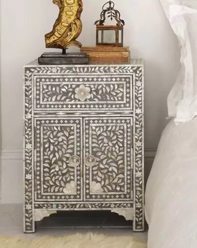 NB EXPORTS CLASSIC GREY MOTHER OF PEARL BEDSIDE TABLE