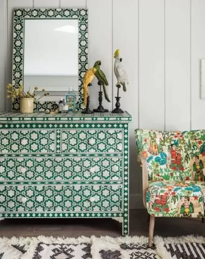 Jade Green Floral Bone Inlay Chest of Drawers